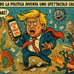 Leader caricaturale in una scena politica caotica, con tweet volanti, documenti sparsi, elefante incastrato e atmosfera surreale.