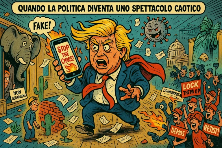 Leader caricaturale in una scena politica caotica, con tweet volanti, documenti sparsi, elefante incastrato e atmosfera surreale.