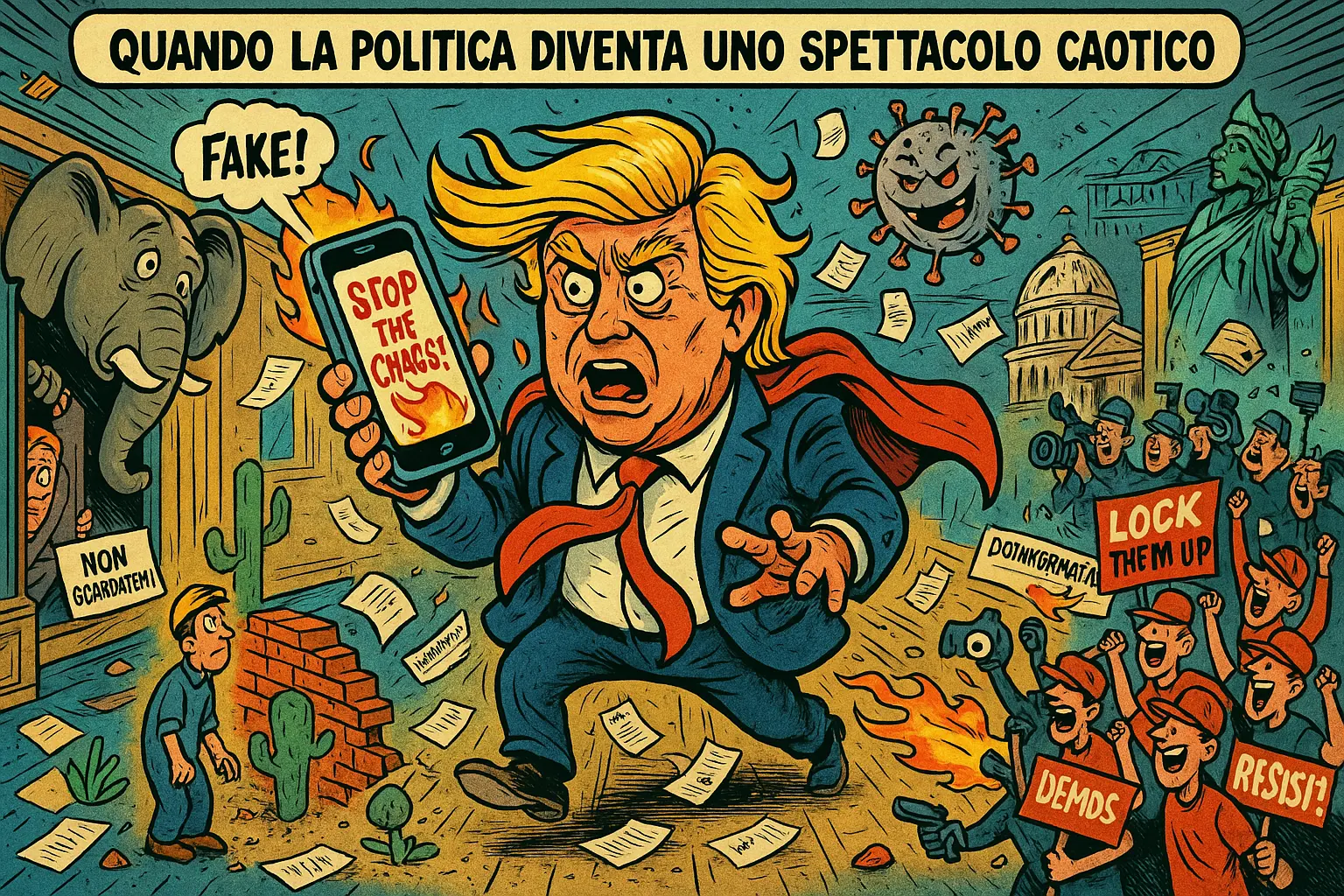 Leader caricaturale in una scena politica caotica, con tweet volanti, documenti sparsi, elefante incastrato e atmosfera surreale.