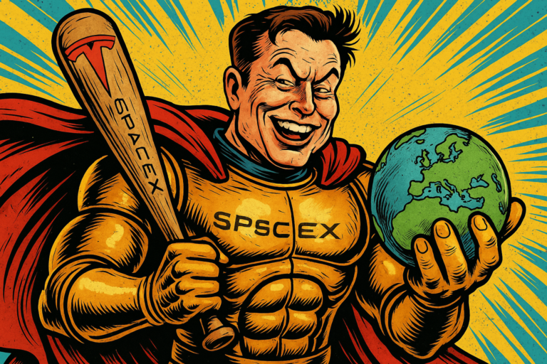 Elon Musk stilizzato in stile fumetto anni '80, con armatura dorata, mantello rosso e mazza Tesla, che schiaccia l'Europa su un globo.