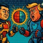Xi Jinping e Donald Trump raffigurati come robot IA in stile fumetto, in un confronto digitale con il mondo al centro.