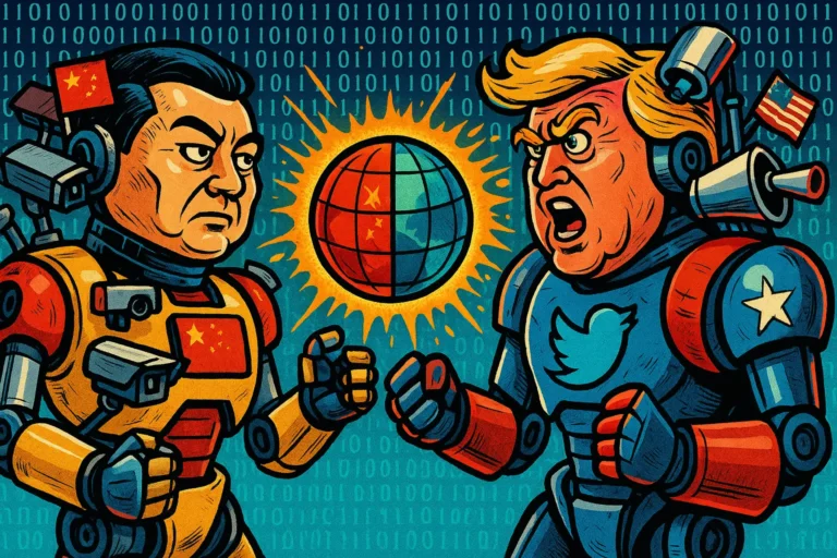 Xi Jinping e Donald Trump raffigurati come robot IA in stile fumetto, in un confronto digitale con il mondo al centro.